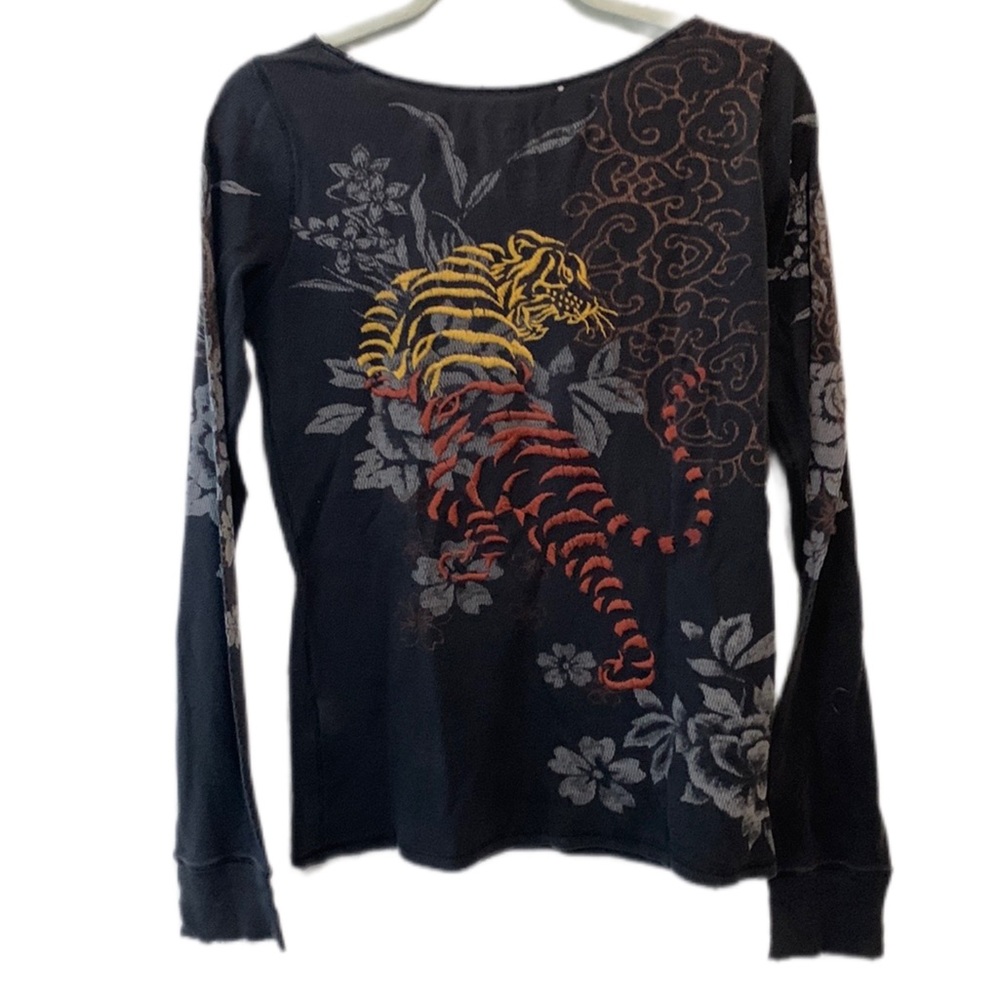 Lucky Brand Black Long Sleeve Tee with Yellow and Red Tiger Graphic